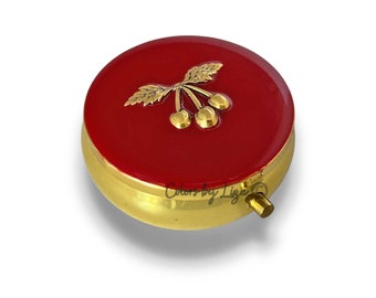 Antique Gold Cherry Pill Box Inlaid in Hand Painted Red Opaque Enamel Vintage Fruit Style Personalized and Color Options Available