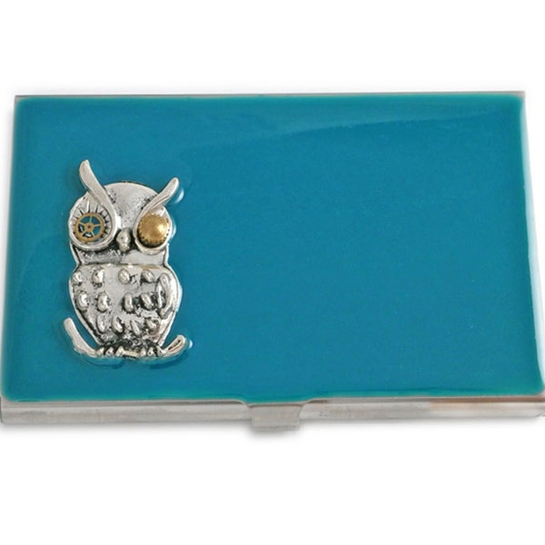 Mechanical Owl Inlaid in Hand Painted Turquoise Opaque Enamel Cyber Punk Inspired Metal Wallet Personalized and Custom Color Options