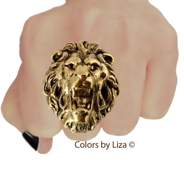 Antique Gold Roaring Lion Head Ring Neo Victorian Leo Statement Ring with Adjustable Band