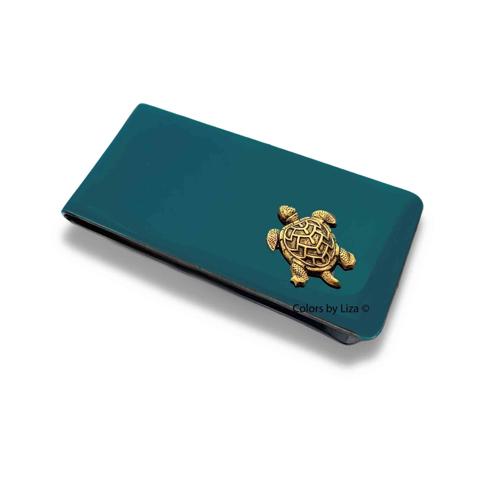 Antique Gold Turtle Money Clip: Hand-Painted Teal Enamel, Personalized Option