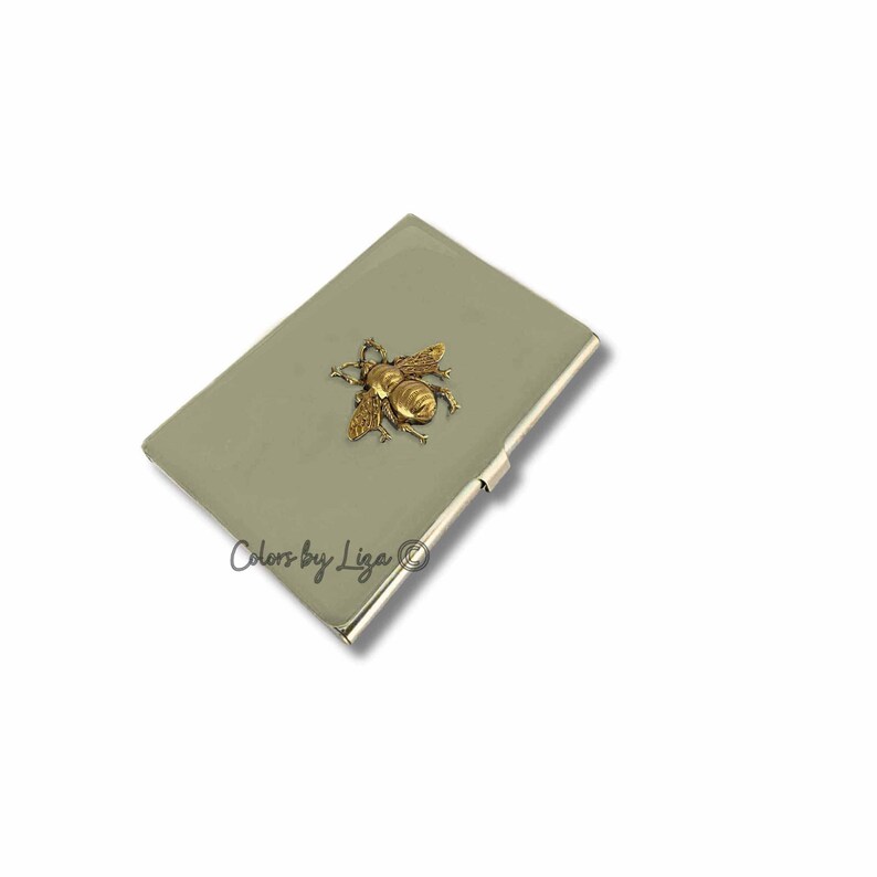 Estuche para tarjetas de visita con diseño de abeja pintado a mano: incrustaciones de oro antiguo, personalizado imagen 11