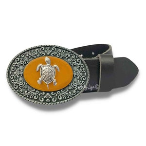 Sea Turtle Belt Buckle Inlaid in Hand Painted Orange Enamel Belt Buckle for Snap Belts Resort Wear Accessories Custom Colors Available