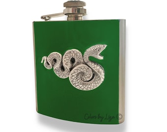 Antique Silver Snake Head Flask Inlaid in Hand Painted Green Opaque Enamel Vintage Style with Personalized and Color Options