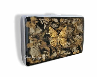 Antique Gold Butterfly Cigarette Case in Hand Painted Quartz Inspired Enamel Metal Wallet with Personalized and Color Options