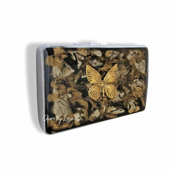 Butterfly Cigarette Case: Antique Gold, Hand-painted Enamel Wallet