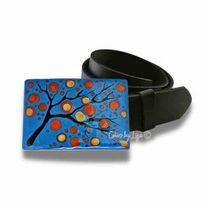 Hand Painted Blossom Belt Buckle: Blue & Orange Snap Belt