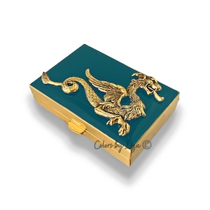 Antique Gold Dragon Pill Box: Teal Enamel, Medieval Style