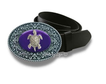 Sea Turtle Belt Buckle: Hand Painted Turquoise Enamel, Snap  display picture 3