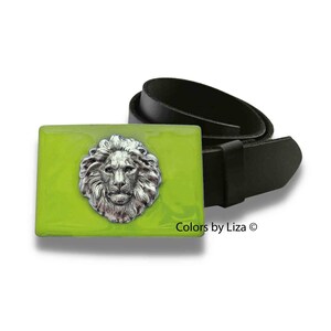Antique Silver Lion Head Belt Buckle in Hand Painted Chartreuse Enamel Belt Buckle for Snap Belts Leo Buckle with Custom Colors Available