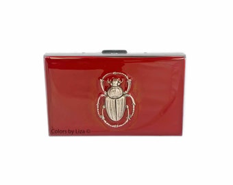 Scarab Wallet with Credit Card Organizer RFID Blocker Hand Painted Glossy Red Enamel Art Deco Beetle Inspired Personalize and Color Options