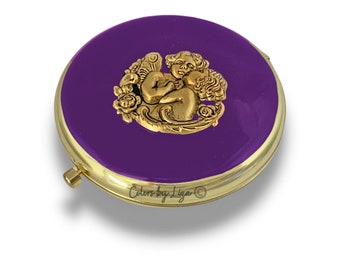 Angel Compact Mirror: Hand Painted Purple Enamel, Personalized Option