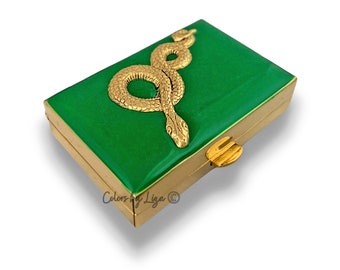 Antique Gold Serpent Pill Box Hand Painted Glossy Classic Green Enamel Art Deco Inspired with Personalized and Color Options Available