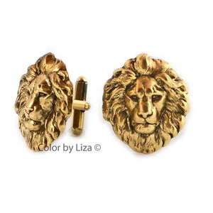 Antique Gold Lion Head Cufflinks Art Deco Leo Design with Tie Clip and Tie Pin Set Options