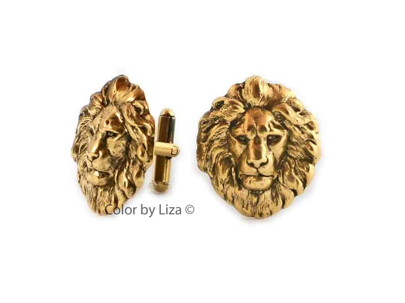 Antique Gold Lion Head Cufflinks Art Deco Leo Design with Tie Clip and Tie Pin Set Options image 1