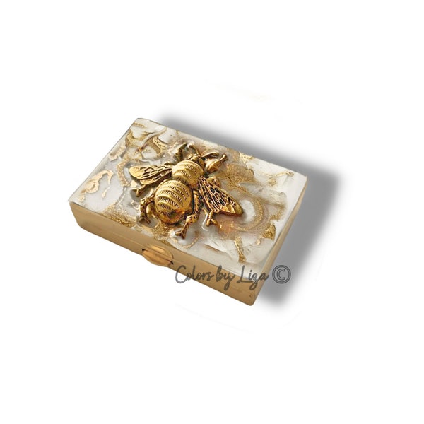 Antique Gold Bee Pill Box Inlaid in Hand Painted White and Gold Enamel Quartz Inspired Art Deco Style Personalize and Color Options