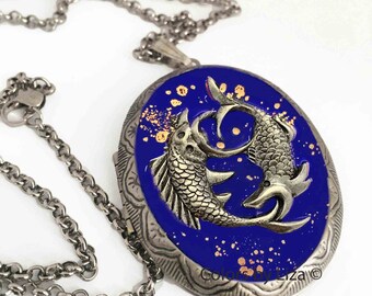 Pisces Locket Painted in Glossy Cobalt Opaque Keepsake Box Necklace Zodiac Jewelry with Personalized and Color Options