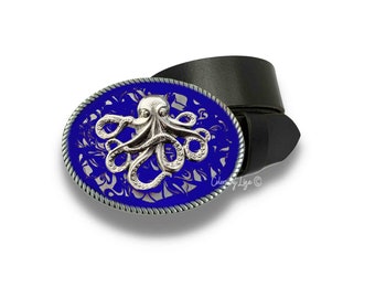 Octopus Belt Buckle in Cobalt Swirl Enamel Vintage Style Nautical Kraken Design with Color Options Available