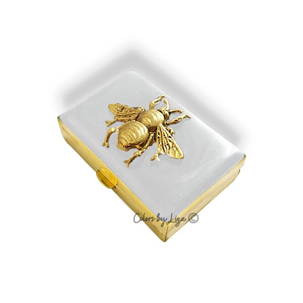 Antique Gold Bee Pill Box Inlaid in Hand Painted Glossy White Enamel Art Deco Inspired Personalize and Color Options Available