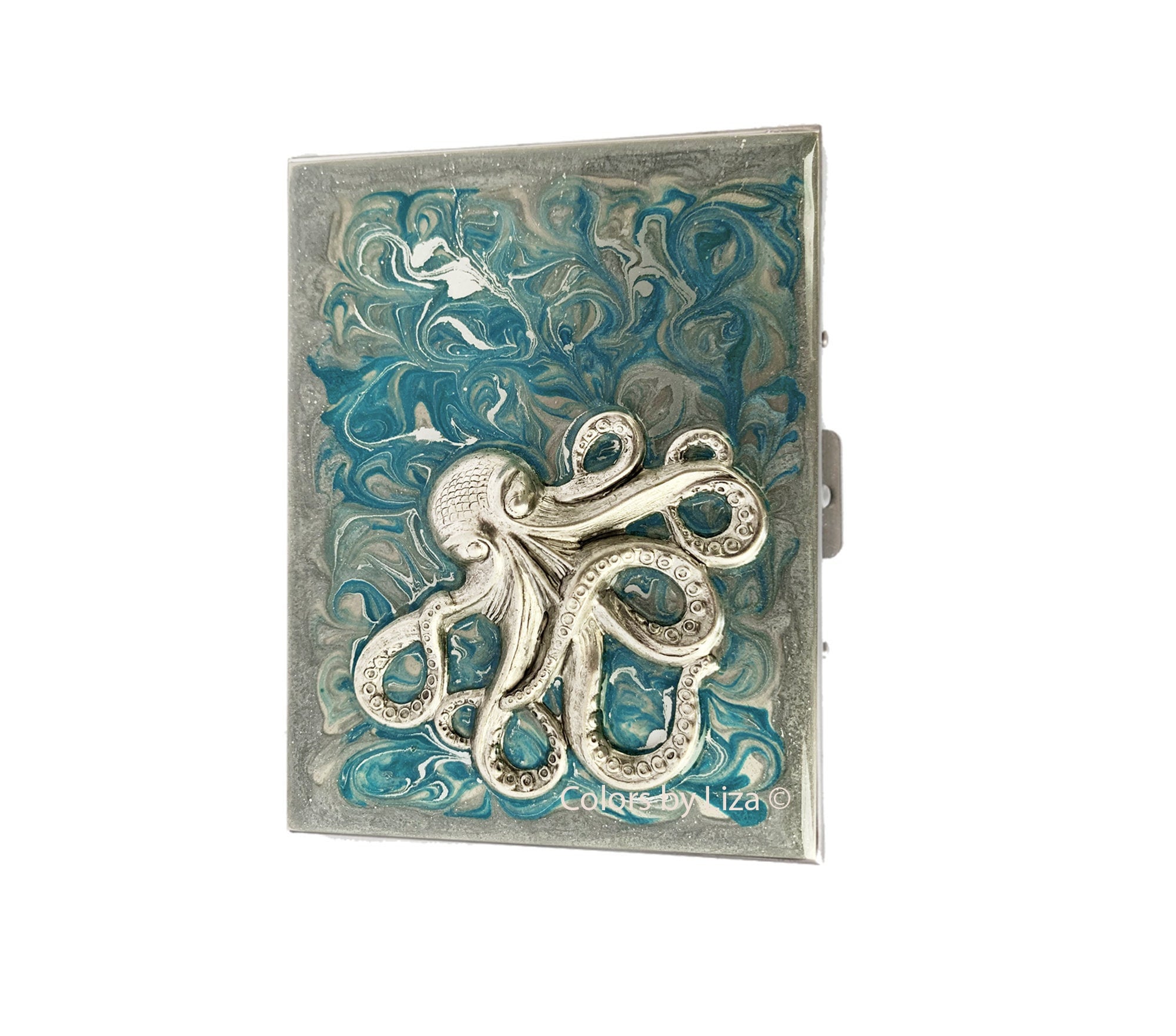 Hand-painted Octopus Cigarette Case: Turquoise Swirl, Silver