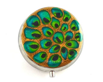 Hand Painted Pill Box in Peacock Inspired Design with Turquoise Lime Green and Gold Enamel Custom Colors and Personalized Options