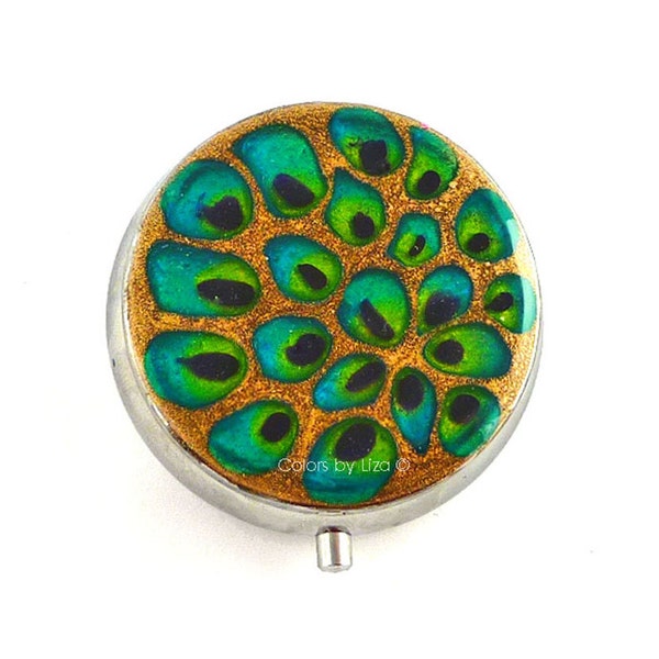 Hand Painted Pill Box in Peacock Inspired Design with Turquoise Lime Green and Gold Enamel Custom Colors and Personalized Options