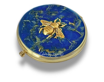 Antique Gold Bee Compact Mirror Inlaid in Hand Painted Cobalt and Gold Enamel Quartz Inspired with Personalize and Assorted Color Options