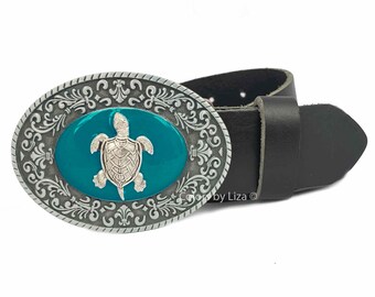 Vintage Turtle Buckle &‎ Suede Belt Sea Turtle Belt Buckle: Hand Painted Green Enamel, Art Deco  main image 4
