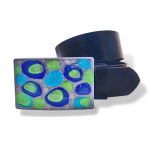 Hand Painted Enamel Belt Buckle: Turquoise, Cobalt, Lime Green
