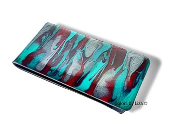 Abstract Hand Painted Money Clip in Glossy Teal Red and Gray Enamel on Silver Plated Clip with Personalized and Color Options