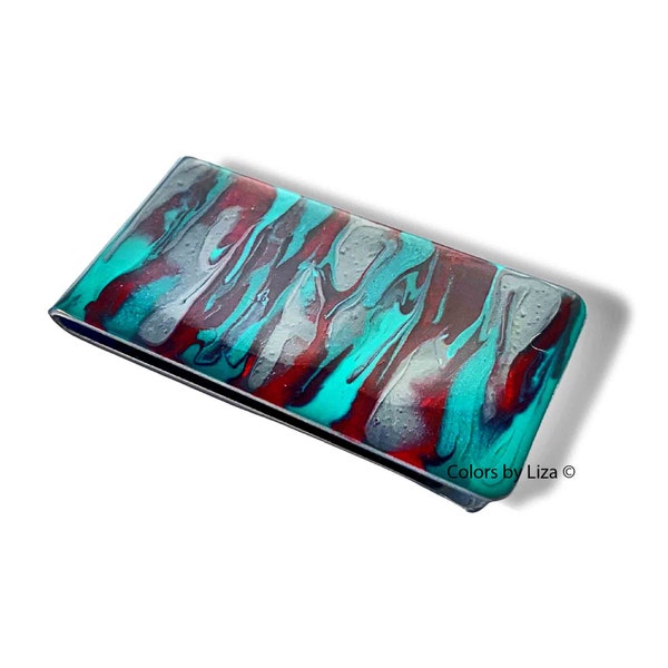 Abstract Hand Painted Money Clip in Glossy Teal Red and Gray Enamel on Silver Plated Clip with Personalized and Color Options