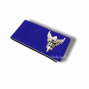 Mercury Money Clip Hand Painted Glossy Cobalt Enamel  Greek Mythology God Design with Personalized and Color Options Available
