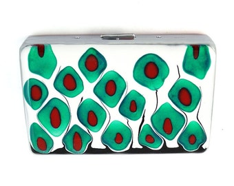 Hand Painted Cigarette Case in Teal Red Black and White Enamel Abstract Mod Inspired with Personalized and Color Options