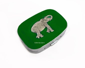 Lucky Elephant Oval Pill Box with Mirror Hand Painted Glossy Green Opaque Enamel Art Deco Safari Inspired with Personalized and Color Option