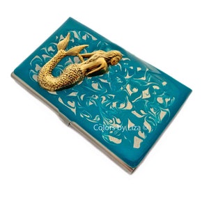 Mermaid Visitenkartentasche Inlaid in handbemalt Türkis Emaille Siren Metall Portemonnaie Personalisiert Gravur und Farboptionen