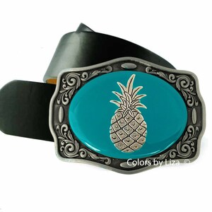 Hand Painted Pineapple Belt Buckle: Turquoise Enamel Tropical Design