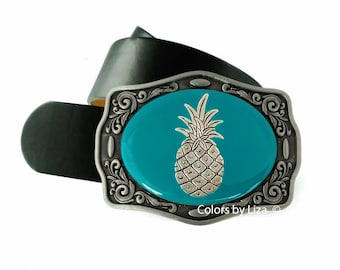 Handbemalte Ananas Gürtelschnalle: Türkis Emaille Tropisches Design