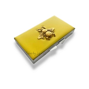 Antique Gold Bee Pill Case with 7 Day Slots Inlaid in Hand Painted Yellow Opaque Vintage Inspired with Color and Personalized Options