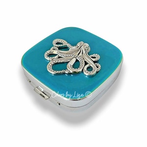 Octopus Pill Box Hand Painted Glossy Turquoise Blue Enamel Moder Vintage Nautical Inspired with Personalized and Color Options Available