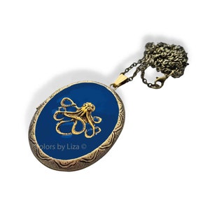 Octopus Locket Necklace: Cobalt Blue Enamel Pill Box, Nautical Vintage Style