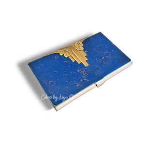 Art-Deco-Visitenkartenetui, Vintage-inspiriert, mit Farb- und Personalisierungsoptionen, eingelegt in handbemaltem Kobalt mit Gold Swirl Emaille