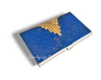 Art Deco Business Card Case Inlaid in Hand Painted Cobalt with Gold Swirl Enamel Vintage Inspired with Color and Personalized Options