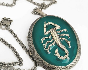 Scorpio Locket Painted in Teal Opaque Pill Box Necklace Zodiac Jewelry with Personalized and Color Options