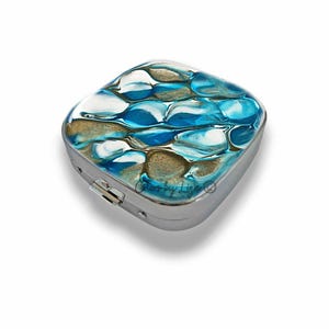 Hand Painted Enamel Pill Box with Mirror: Aqua Quartz Design