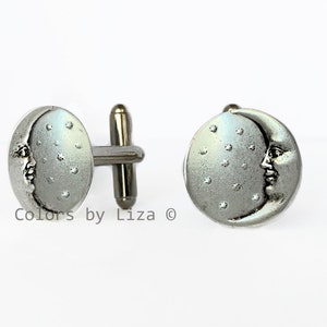 Moon Man Cufflinks Antique Silver Celestial Inspired Disc Shaped Cuff Links