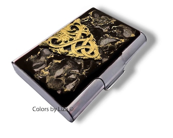 Art Nouveau Business Card Case inlaid in  Hand Painted Black Quartz Style Enamel Baroque Motif with Personalized and Color Options