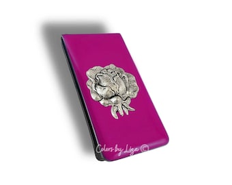 Antique Silver Rose Money Clip inlaid in Hand Painted Fuchsia Pink Enamel Art Deco Flower Vintage Style with Personalized and Color Options
