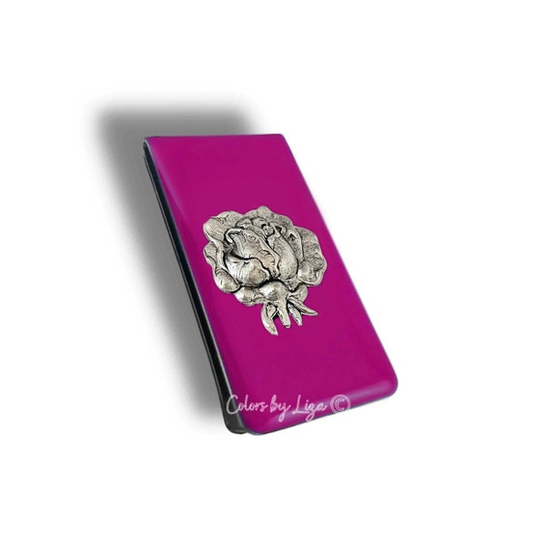 Antique Silver Rose Money Clip inlaid in Hand Painted Fuchsia Pink Enamel Art Deco Flower Vintage Style with Personalized and Color Options