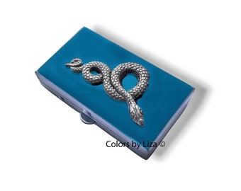 Snake Pill Box Hand Painted Turquoise Enamel Art Deco Serpent Inspired Pill Case with Personalized and Color Options