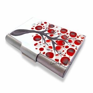 Blossom Inspiriertes Visitenkartenetui Handgemaltes Rot, Weiß und Grau Emaille Metall Brieftasche mit personalisierten und Farboptionen