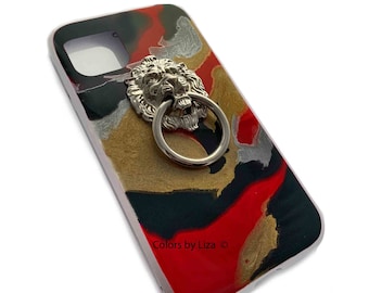 Silver Lion Head Door Knocker Phone Case in Hand Painted Abstract Design for Galaxy or Iphone with Assorted Color Options Available